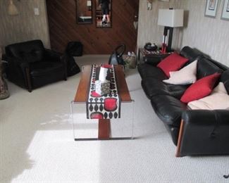 Mid Century Modern Rosewood and Chrome Coffee Table With Matching End Table ~ Maurice Villency Leather MCM Black Sofa with Matching Chair
