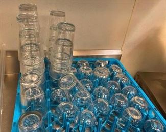 Lot of glasses and 6 assorted dish wash racks