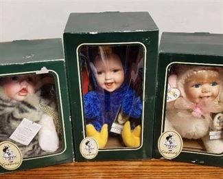 Lot of 3 Geppeddo Cuddle Kids Animal Doll W/ Porcelain Face ~ Kristi Kitty, Patricia Peacock and Angelle Angel ~ NIB