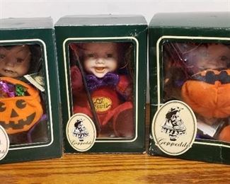 Lot of 3 Geppeddo Cuddle Kids Halloween Doll W/ Porcelain Face ~ Spooky Sylvia, Lil' Devil and Scary Susan in Box