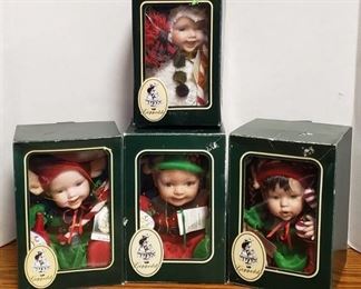 Lot of 4 Geppeddo Cuddle Kids Christmas Doll W/ Porcelain Face ~ Jack Frost, Jolly Holly, Emerson Elf and Jolly Johnathon in Box