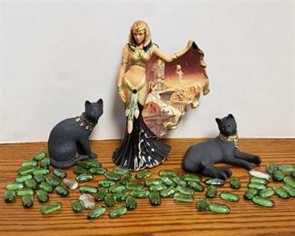 Lot of Figurines ~ Cleopatra by Bradford Exchange No. A3133 and Pair of Jeweled Ebony Cat Figurines by Lenox