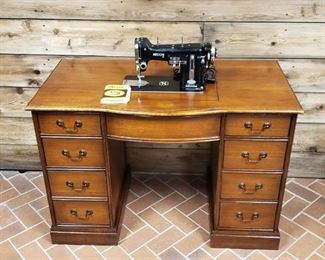 Necchi Sewing Machine ~ Model BU ~ Mounted in a 7 Drawer Desk type Cabinet ~ 44 in. x 24 in. x 30 in. ~ Works