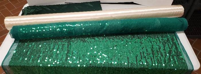 Collection of Rolled Sequin Material and Satin Material ~ Cream and Forest Green ~ 42 to 48 in. wide