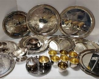 Silverplated Platters, Gravy Boat, Sugar/Creamer, and Cups