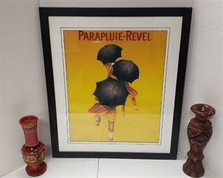 French Framed Print Parapluie-Revel (22 in. x 26 in.) and 2 Wood Carved Vases (10 to 12 in. tall)