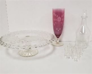 Collection of Etched Glass Items ~ Pedestal Cake Stand, Cranberry Vase and Clear Glass Decanter & Shot Glasses