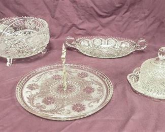 Collection of Pressed Glass Dishes ~ Footed Bowl, Serving Tray, Oval Handled Dish, and Butter Dish