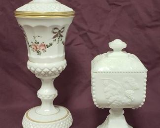 Westmoreland Milk Glass Dishes ~ Paneled Grape Square Covered Candy Box and Roses & Bows Urn Style Dish