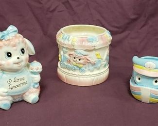 Collection of 3 Ceramic Baby Flower Vases ~ one has music box