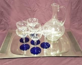 Collection of Etched Glass ~ Decanter/Pitcher and 6 Glass Set w/Stainless Steel Decorative Tray (20 x 13 in.)