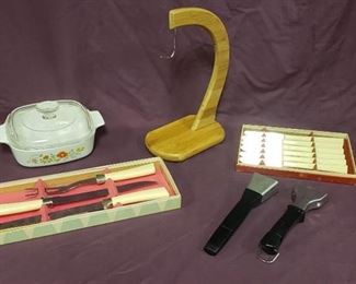 Collection of Kitchen Items ~ Cutlery Set, Steak Knife Set, Banana holder, Corning Ware Handles and Lidded Small Corning Ware Casserole Dish
