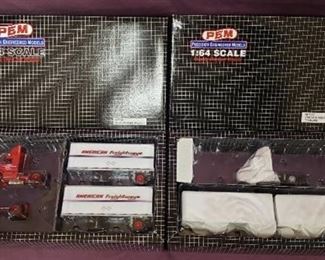 New PEM Hartoy 1:64 Diecast SAIA Volvo Day Cab w/ 28 ft. Double #M77117 and American Freightways Semi Truck & Pups M77112