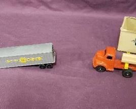 Vintage Ralstoy Diecast Lumber Hauling Semi Trailer Truck - Made In Ralston, Nebraska and MATCHBOX ~ MAJOR PACK M-9-A ~ INTER-STATE DOUBLE FREIGHTER (1962) 11 1/8 in.