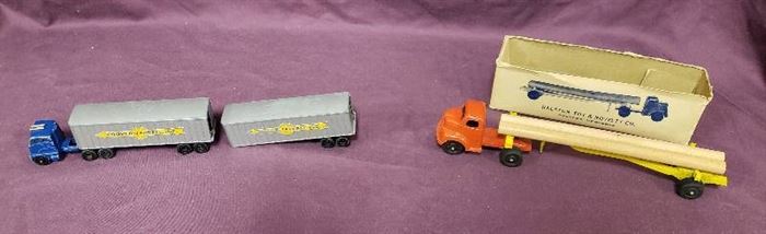Vintage Ralstoy Diecast Lumber Hauling Semi Trailer Truck - Made In Ralston, Nebraska and MATCHBOX ~ MAJOR PACK M-9-A ~ INTER-STATE DOUBLE FREIGHTER (1962) 11 1/8 in.