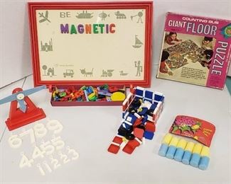 Vintage Child Guidance Items ~ Add-a-count Scale, Magnetic Board, Giant Floor Puzzle and Tupper Toys Build-o-fun and Kenner Finger Pops