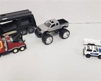 2 Buddy L Trucks & Car Hauler Trailer and 3 Majorette Vehicles