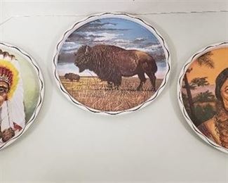 3 Vintage Metal Art Trays ~ 11 in. Diameter ~ 2 Indians and Mohawk Trail Buffalo