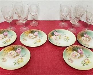 Set of 6 Hand Painted Plates ~ marked Germany and Set of 8 Clear Glass Goblets
