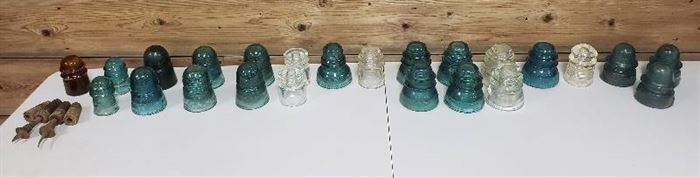 Glass Insulators ~ Mostly All Hemingray and One Clear Pyrex and Brown Glazed Ceramic