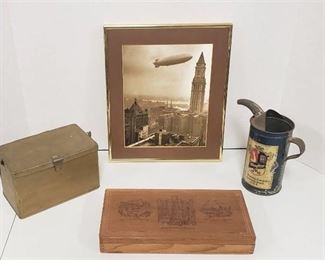 Vintage Tin Box, Maytag Fuel Mixing Can, Wood Cigar Box and Newer Framed Print