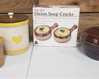 Vintage Crocks, Marcrest Bean Pot w/Lid (chip on side), and Set of 4 Onion Soup Crocks (box)
