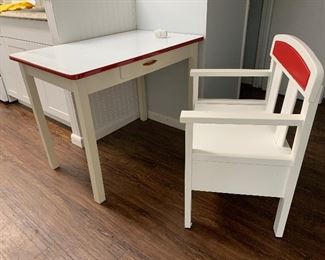 Repurposed antique porcelain top table and chair with storage