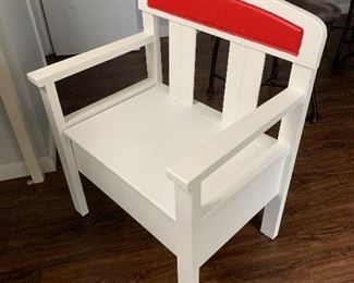 Repurposed antique porcelain top table and chair with storage