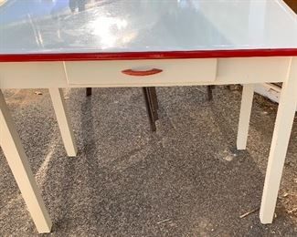 Repurposed antique porcelain top table and chair with storage