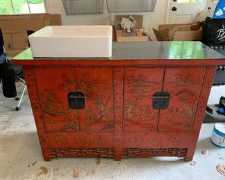 Exquisite Chinoiserie cabinet that was converted to a bathroom sink - Excellent condition! Dimensions provided upon request.  $1200