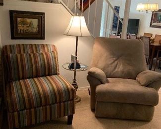 Beautiful striped slipper chair, by Cindy Crawford’s HOME collection. 
Tan Nubuck  recliner by Southern Motion. 
Great condition