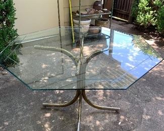 Etched glass, octagonal kitchen table with brass base
