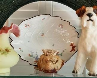 Porcelain Dog Figure,  End-of-the-Day Glass Toothpick Holder, Satin Glass Vase, Leaf Dish