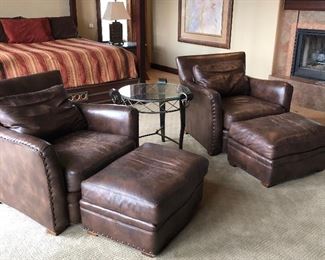 #1 and #2- Beautiful Brown leather armchairs with matching ottomans by Century furniture, (interior back cushions have lost their shape but could easily be replaced)