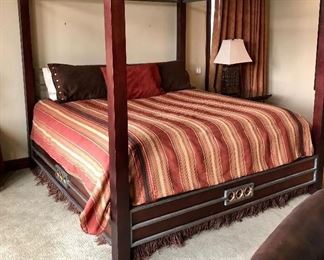 #7 ~($400)  King size poster bed with metal and iron accents, mahogany.  Posts are 80" tall.  (Mattress not included)