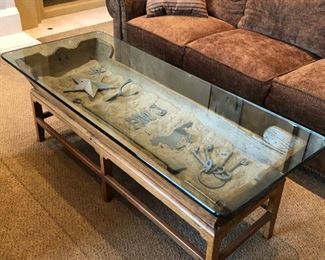 #77 ~($500) Real Horse Trough Coffee Table- Interior holds iron accessories. Thick Glass tops it to perfection! 62.5 " L x 25.5 " W x  21.5 " H