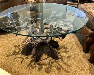 #78 ~($350) Another view of  Glass top table with iron hand made base of trees and elks-
