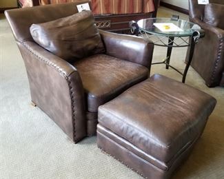 #1 ~($100) Brown leather armchair with ottoman by Century furniture, Hickory, NC.  Weathered, brass stud accents ~ Measures 39"W x 64"D including ottoman.