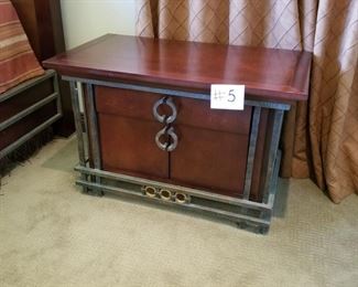 #5 ~($150)  Night stand Mahogany with metal and iron accents.  1 drawer and lower cabinet.  Wear seen on the top.  Comes with glass top to protect wood.  36"W x 20"D x 23.5"H.