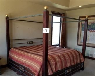#7 ~ ($400) King size poster bed with metal and iron accents, mahogany.  Posts are 80" tall.  Mattress not included