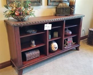 #15 ~($350) Mahogany Bookcase with leather top and studded accents- 68” w x 17”d x 36” h- Matches the desk! 
