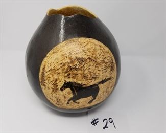 #29 ~($50) Handmade Gourd Art- etched horse- 10” H 