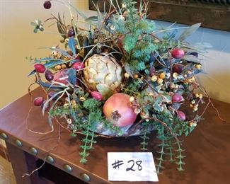 #28 ~ ($30) Pretty Floral Centerpiece with faux artichoke and pomegranate in heavy ceramic bowl-    