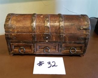 #32 ~ ($25) Solid wood jewelry/storage box with hinged top and 3 drawers- 