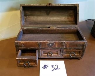 #32 ~($25)  Another view of Solid wood jewelry/storage box with hinged top and 3 drawers- 