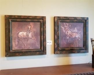 #34~($100)  Set of two Framed Horses- Lightweight tin/metal - 28" x 28" 