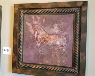 #34~ ($100/set) Close up Set of two Framed Horses- Lightweight tin/metal - 28" x 28" 