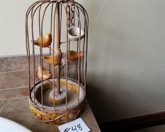 #48 ~ ($50) Large Iron Bird Cage- Heavy! 19" tall-  Birds and base are plaster and metal
