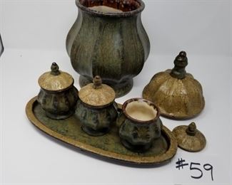 #59 ~ ($25) Ceramic Pot set with Lids - Large pot is 14" tall, 3 smaller pots come with tray. 