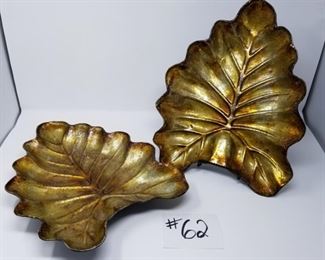 #62 ($30) ~ Set of 2 large Gold Tone Tin Leaf Décor – 15” x 12"